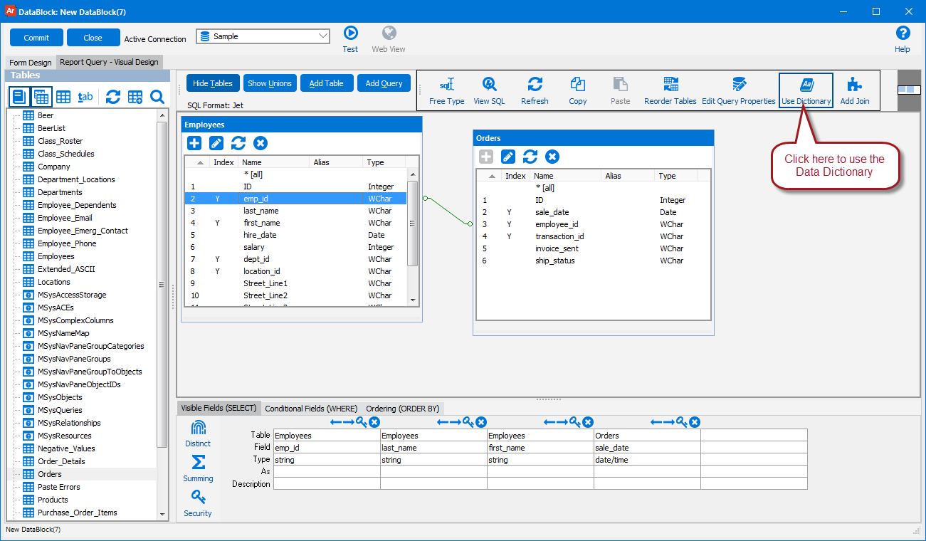 The report query tab in the datablock designer. The two tables in the query show a green join line to indicate that the join was imported from the data dictionary. The data dictionary toggle is also highlighted.